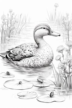 a black and white drawing of a duck in the water surrounded by lily padding