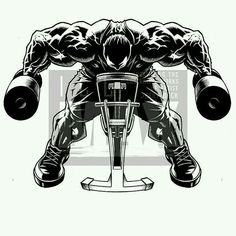 an illustration of a bodybuilding man doing squats with dumbbells in his hands