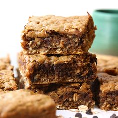 chocolate chip cookie bars stacked on top of each other