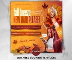 a flyer for a hair salon with two beautiful women in autumn leaves on the background