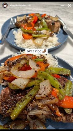 two plates with meat, vegetables and rice on them