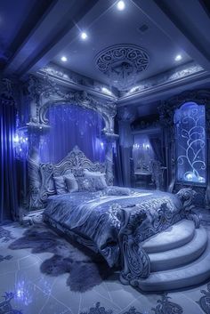 a large bed sitting in the middle of a bedroom next to a blue curtained window