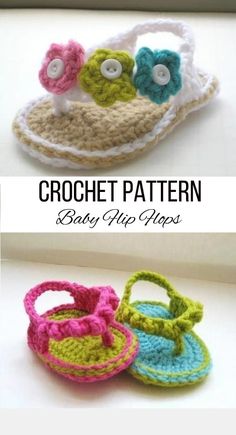 crochet pattern baby flip flops with flowers on the top and bottom, made to look like sandals