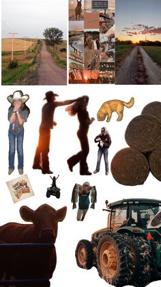 a collage of pictures with people and animals on them, including an old tractor