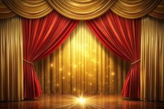 an image of a stage with red curtains and light shining down on the curtained area