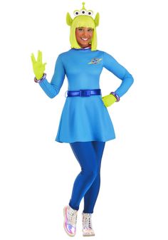 a woman in a blue costume is posing for the camera