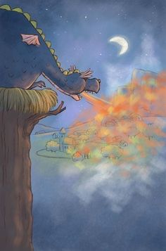 an illustration of a dragon on top of a tree with the moon in the background