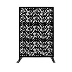 a black and white decorative screen with swirls on the sides, against a white background