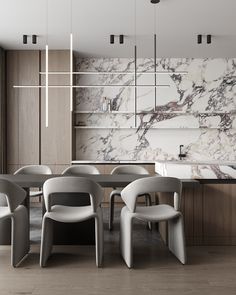 an elegant dining room with marble walls and flooring, along with modern chairs and tables