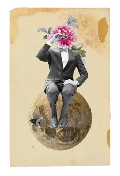 a man sitting on the moon with a flower in his hair