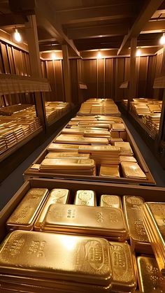 rows of gold bars are shown in this photo, with lights on the ceiling above them