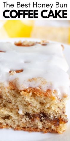 the best honey bun coffee cake with white icing on top is sitting on a plate