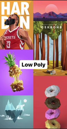 four different images with the words low poly on them, including pineapples and donuts