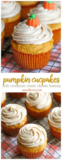 pumpkin cupcakes with cinnamon cream cheese frosting are on a cooling rack and in the foreground, there is an image of several different types of cupcakes