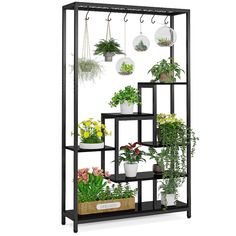 a black shelf filled with potted plants and hanging planters on it's sides