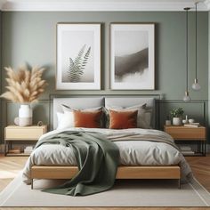 a bedroom with two paintings on the wall above the bed