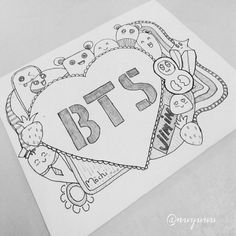 a drawing of a heart with the words bts on it and other items surrounding it