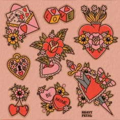 an assortment of heart stickers on a pink background with the words be mine and flowers