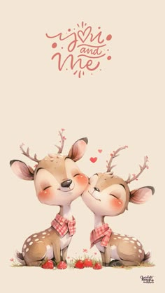 two deers are sitting next to each other with hearts on their heads and noses