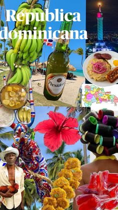 a collage of pictures with some food and drinks in them, including bananas, wine bottles, flowers, and other items