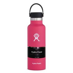 the hydro flask water bottle is pink and has a black cap on it's side