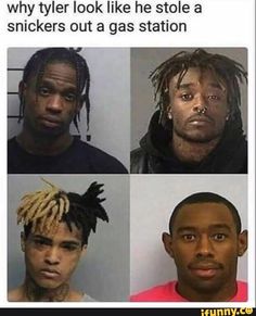 four men with dreadlocks are shown in mug shots, one is looking at the camera