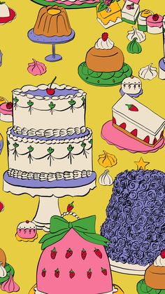 an image of many different cakes on a yellow background