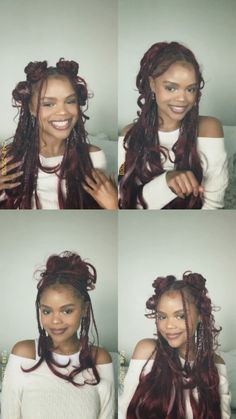 @morgaaanpaige ig, burgundy braids, red braids, burgundy french curl braids, layered braids, burgundy and pink hair, hair inspo, braid hairstyles, cherry red hair, dark red braids, burgundy and pink french curl braids, red hair black women, curly braids, boho braids, bantu knots, messy bun with braids, claw clip hairstyle Knotted French Curl Braids, Red Braids French Curls, Cherry Red Braids Black Women, Burgundy Protective Hairstyles, Knot Less Braids Hairstyles With Curls, French Curl Braids Bun, Red French Braids Black Women, Boho Braids Claw Clip, French Curl Braids Hairstyles Updo