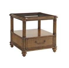 an end table with drawers on the bottom and one drawer open to reveal a glass top