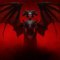 a demonic demon standing in front of a red background