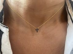 Black Diamond Cz Cross Necklace / Tiny Petite Cross Necklace / Mini Cross Necklace / Dainty Layering Cross /Religious communion confirmation  FREE SHIPPING  WITHIN THE USA  HANDMADE YELLOW GOLD PLATED STERLING SILVER MINI CROSS NECKLACE WITH BLACK CZ.  THE CHAIN AND CROSS ARE YELLOW GOLD PLATED STERLING SILVER 925.   MINIMALISTIC CROSS IS 9.8MM by 6.5MM.    GREAT LAYERING NECKLACE TO WEAR DAILY.  IT IS RHODIUM PLATED, NON-TARNISH.  THE LENGTH IS ADJUSTABLE.  IT CAN BE WORN ON 15 TO 18 INCHES Mini Cross, Gold Cross Necklace, Jewelry Accessories Ideas, Tennis Necklace, Necklace Dainty, Gold Cross, Gold Plated Sterling Silver, Sterling Silber, Black Diamond