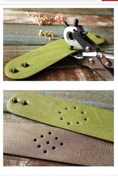 an image of a pair of scissors on a green leather watch strap with holes in the middle