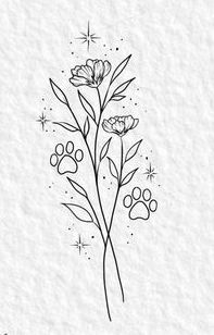 a flower with paw prints on it is shown in black ink, and has stars above the