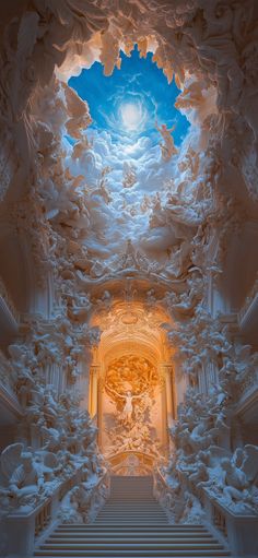 an artistic view of the sky and clouds above a staircase leading up to a doorway