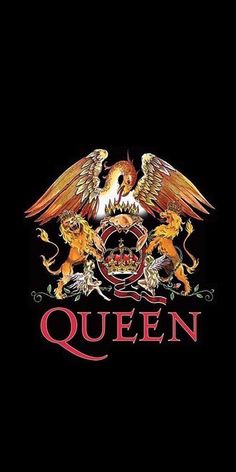 the logo for queen with two lions and an eagle on it's head, against a black background