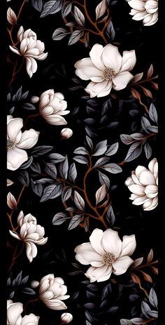 white flowers and leaves on a black background