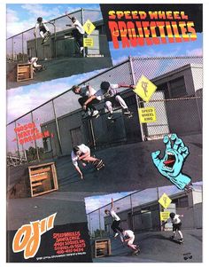 an advertisement for a skateboarder on the side of a fenced in area