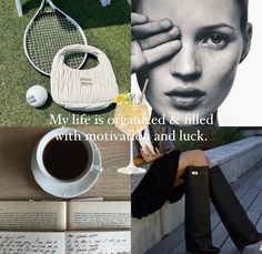 a woman sitting on top of a wooden bench next to tennis rackets and a cup of coffee