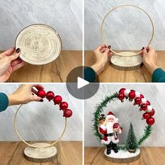 four pictures showing how to make a christmas wreath with santa clause on it and decorations around the base