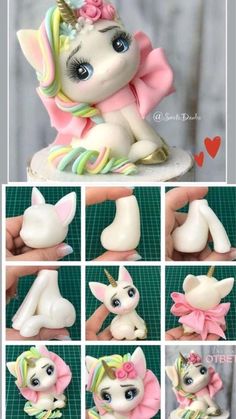 there are many different pictures of a little pony that is sitting on top of a table