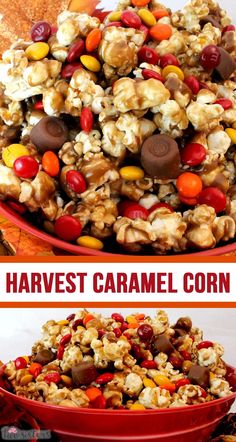 a red bowl filled with halloween popcorn and candy corn