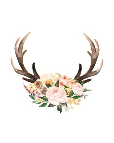 an antler with flowers and leaves on it's horns is featured in this watercolor