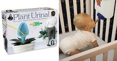 a baby sitting in a crib next to a box of plant urinals