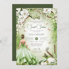 a green and white wedding card with an image of a woman in a ball gown