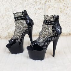 7" (178mm) Heel, 2 3/4" (70mm) Platform Close Back Rhinestone Mesh Shootie Sandal W/Elastic Ankle Band Back Zip Closure New In Box Glamorous Black Platform Heels, Open Toe Heels With Rhinestone Rivets For Evening, Party Heels With Rhinestone Rivets And Round Toe, Glamorous Black Heels With Round Toe, High Heels With Rhinestone Rivets, Black High Heel Heels With Rhinestones, Evening Heels With Rhinestone Rivets And Round Toe, Black Embellished High Heels, Black Open Heel Rhinestone Heels