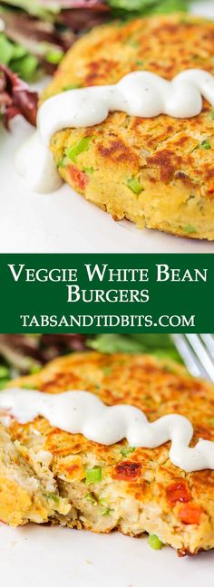 two images of veggie white bean burgers with sour cream on top