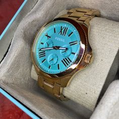 Fossil Cecile Watch- Turquoise Quartz Face, Rose Gold Links. Really Beautiful Watch, Worn Once Or Twice, No Signs Of Wear, No Scratches Etc. 3 Dials, Battery Is Functional, The Watch Is In Amazing Condition. The Watch, Beautiful Watches, Accessories Watches, Fossil, Rose Gold, Turquoise, Women Accessories, Signs, Gold