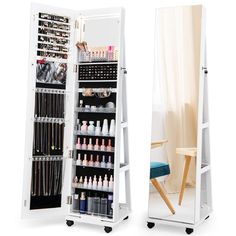 a large mirror is next to a white shelf with makeup and nail products on it