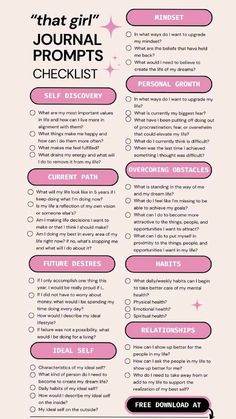 a pink and white checklist with the words that girl journal prompts