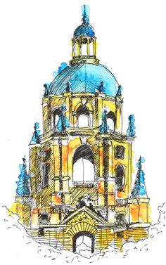 an ink drawing of a building with a blue dome